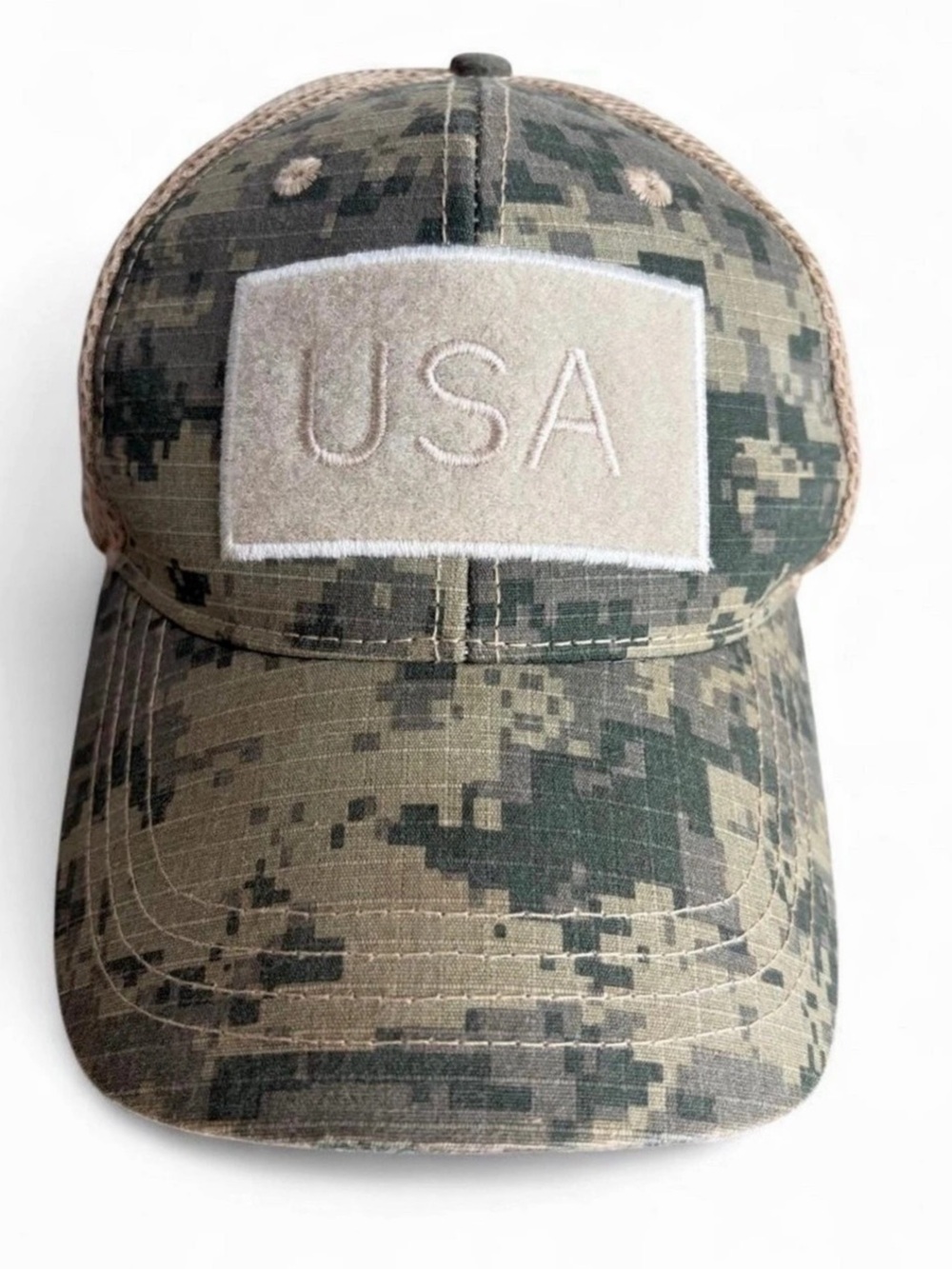 Digital Camo USA Mesh Trucker Cap. Features a tan embroidered "USA" patch